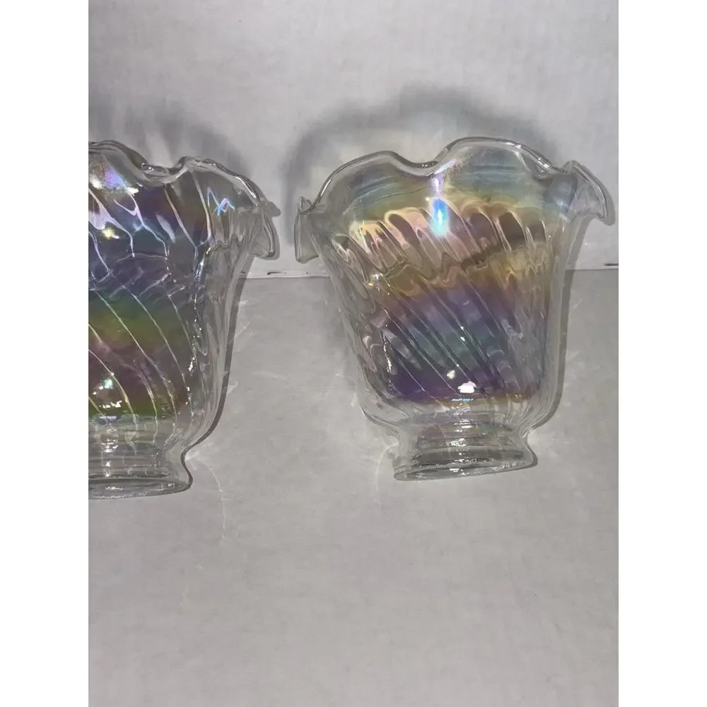 Iridescent 4” Light Shade Hurricane Lamp Swirl Bell Ruffled Fitter 2” Set of 3